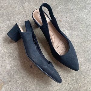 Black suede sling back block heels